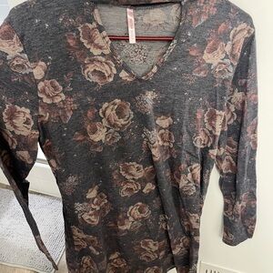 Black and Pink 3/4 Sleeve Floral Blouse